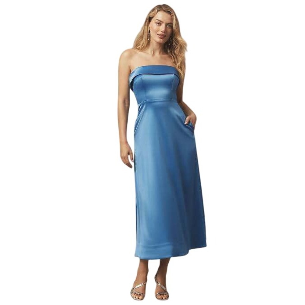 BHLDN Soma Strapless Stretch Satin Fit Flare Midi Dress 6 Blue Satin Formal HOCO